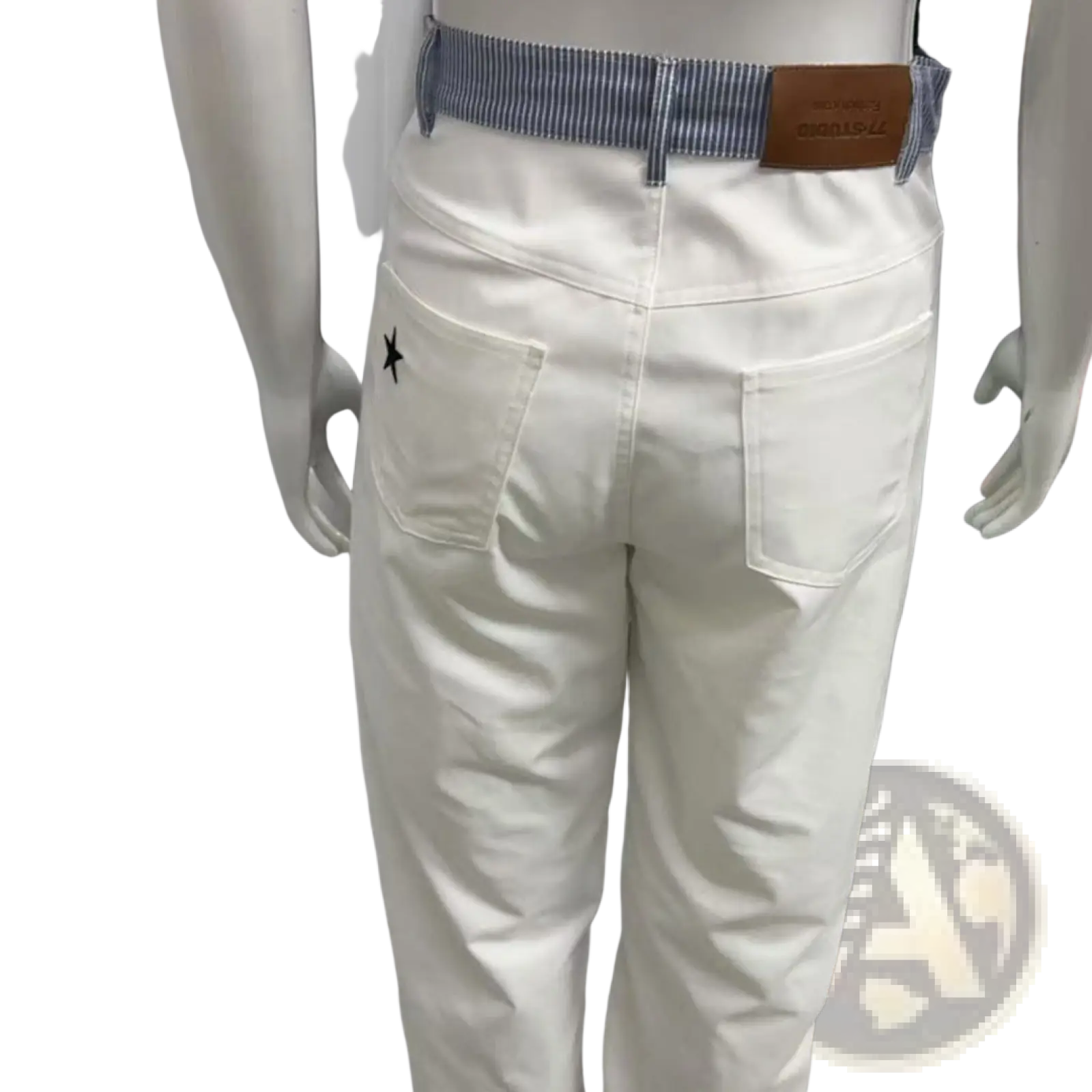 Back side of white denim wide leg jeans featuring a striped waistband and a small black star patch on the pocket