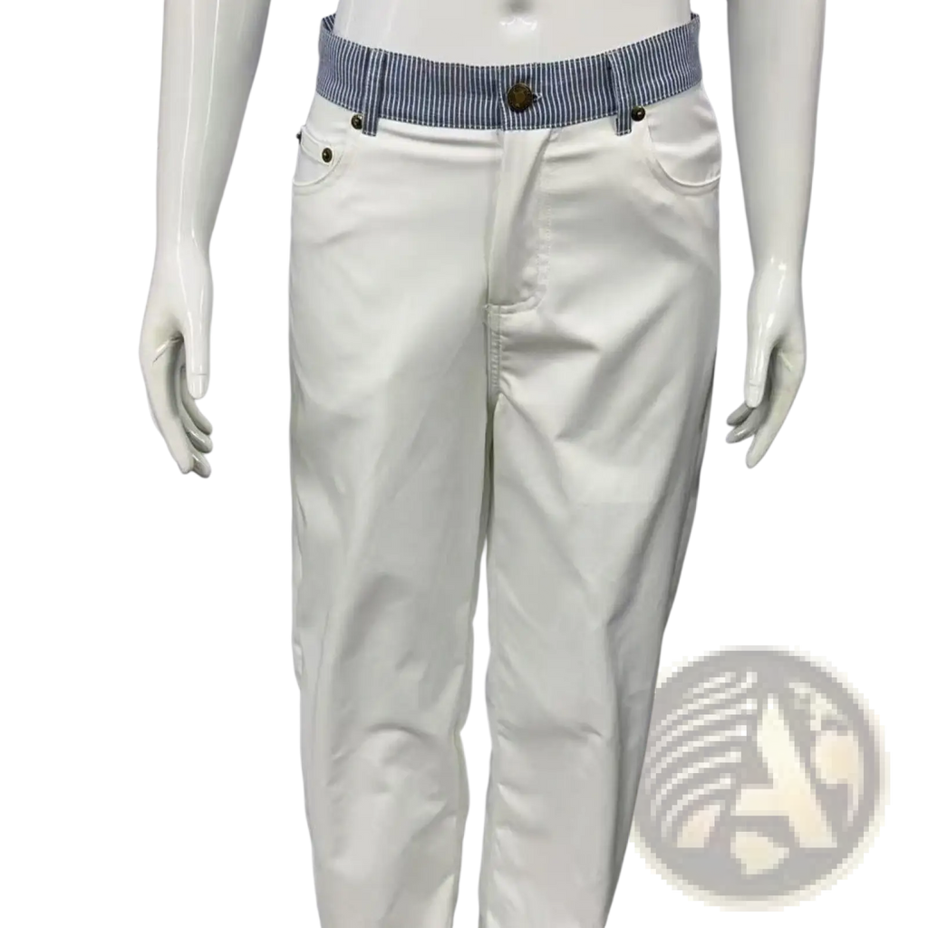 White denim wide leg jeans with a blue and white striped waistband belt shown from the front side