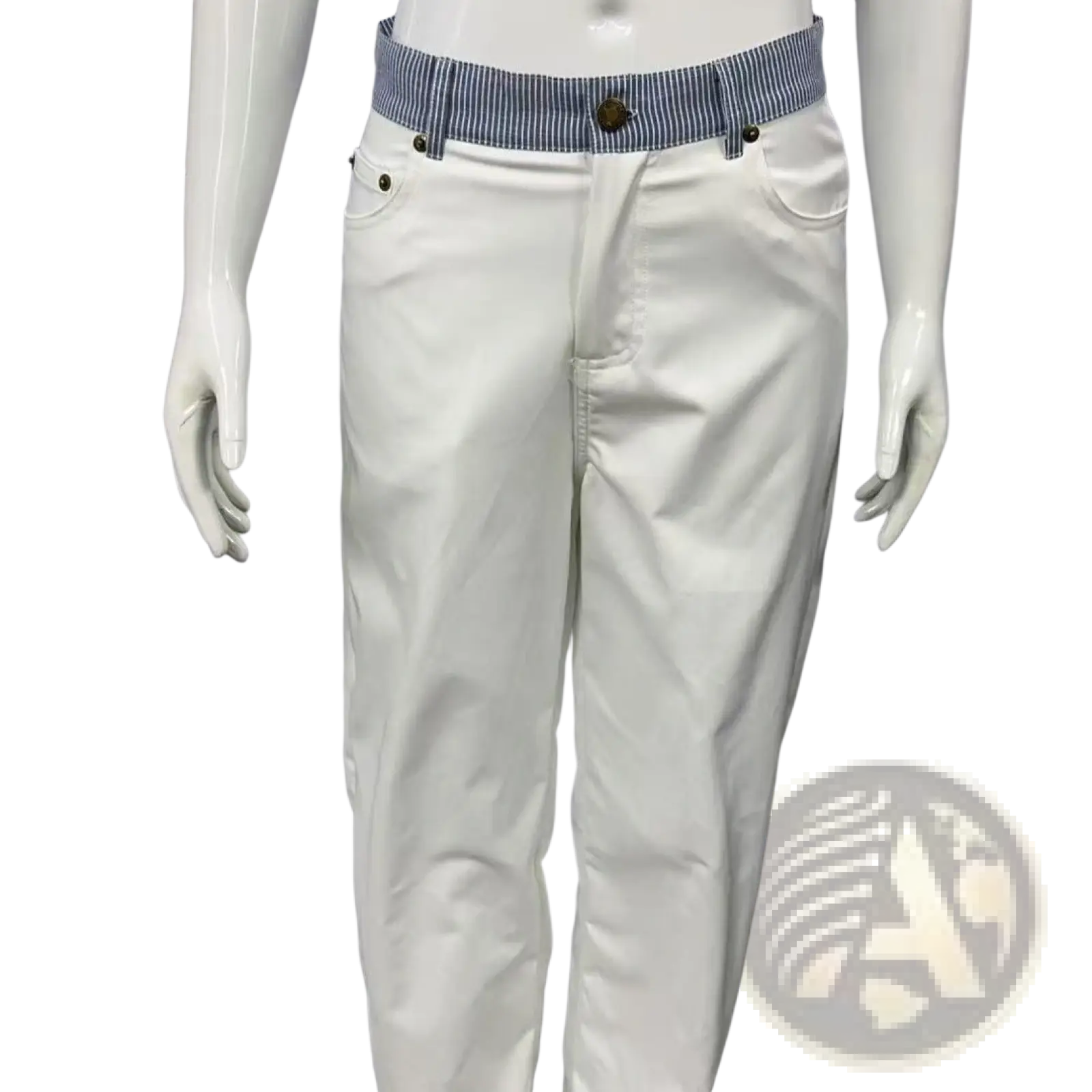 White denim wide leg jeans with a blue and white striped waistband belt shown from the front side