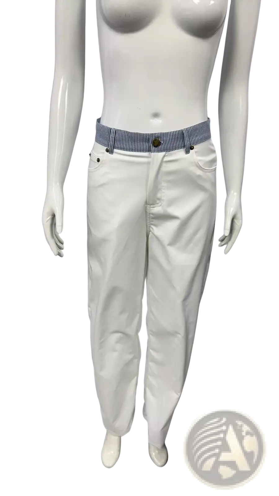 White denim pants with a striped belt featuring a white striped waistband and wide leg design