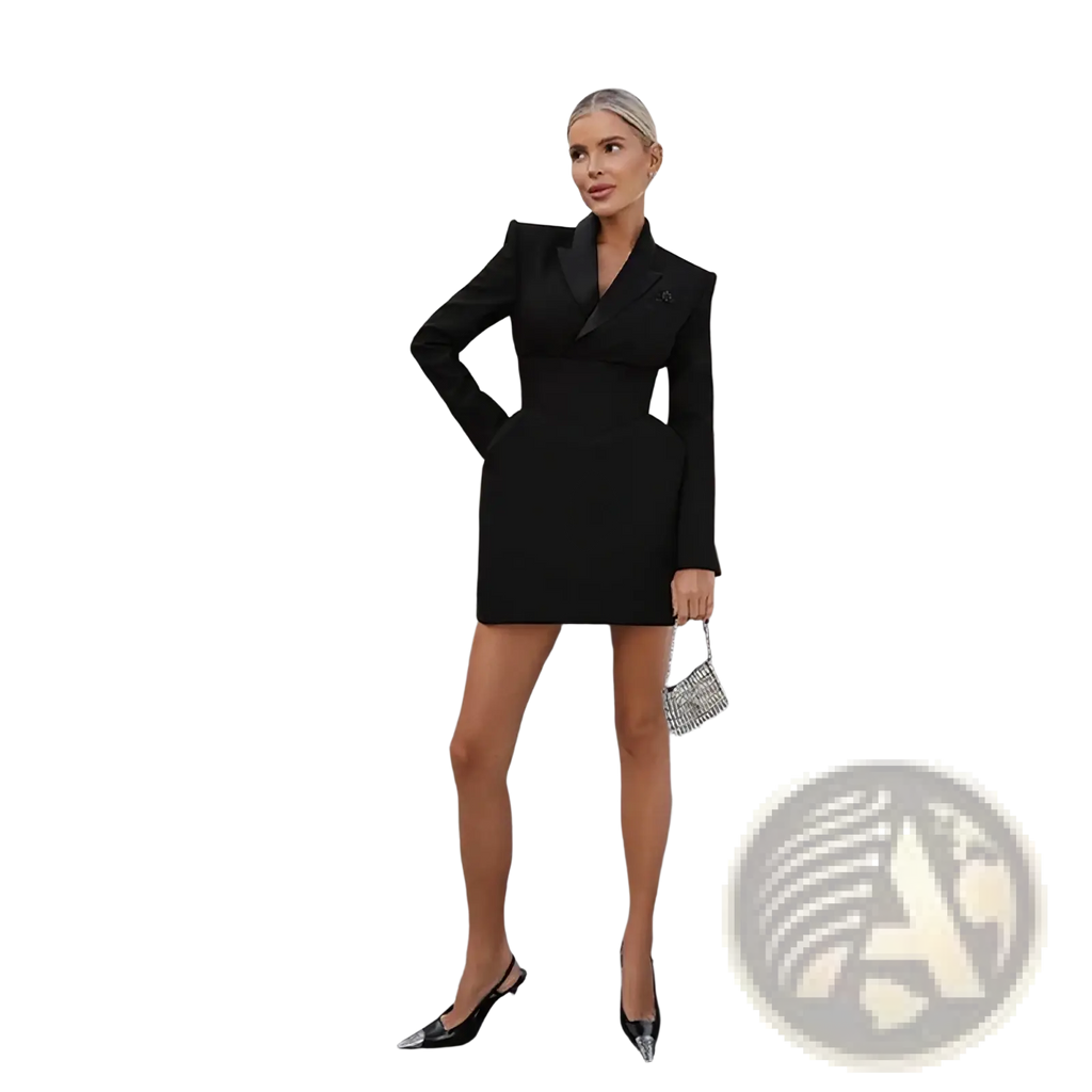Black tailored blazer dress with structured shoulders and a sleek form-fitting silhouette in white tailored blazer dress product