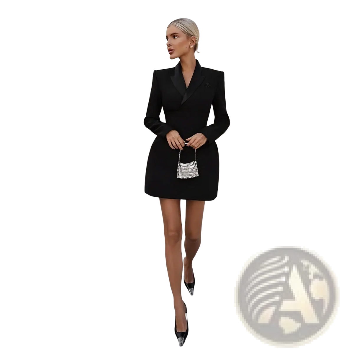 Black tailored blazer dress with satin lapels and subtle embroidered detail on the left chest in formal style
