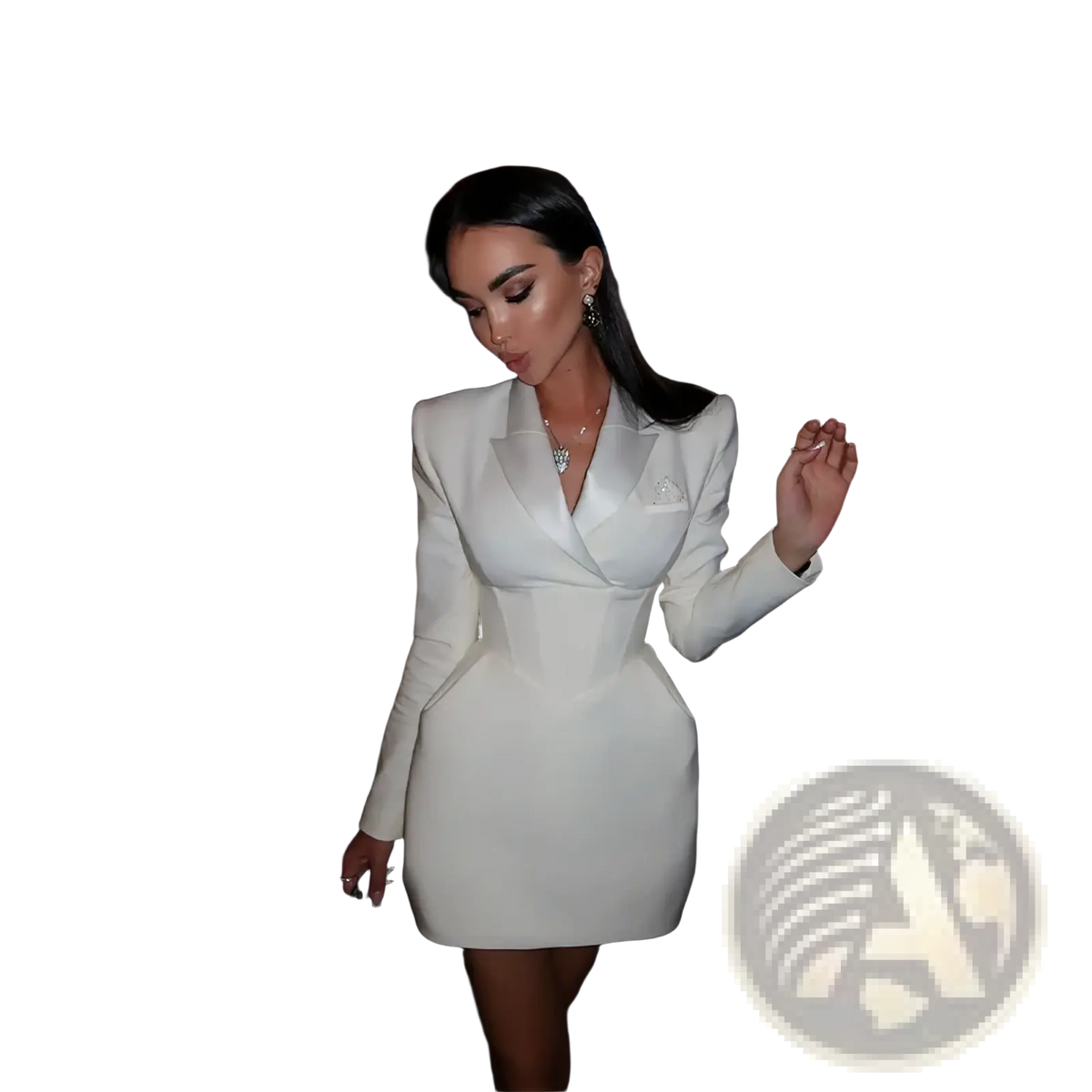 A sleek white tailored blazer dress with long sleeves and a structured form-fitting silhouette