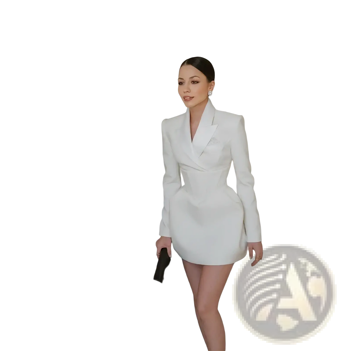 A sleek white tailored blazer dress with a structured collar and long sleeves perfect for formal occasions