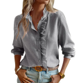 Gray and white vertically striped textured long sleeve blouse with ruffled collar detail and button-up front