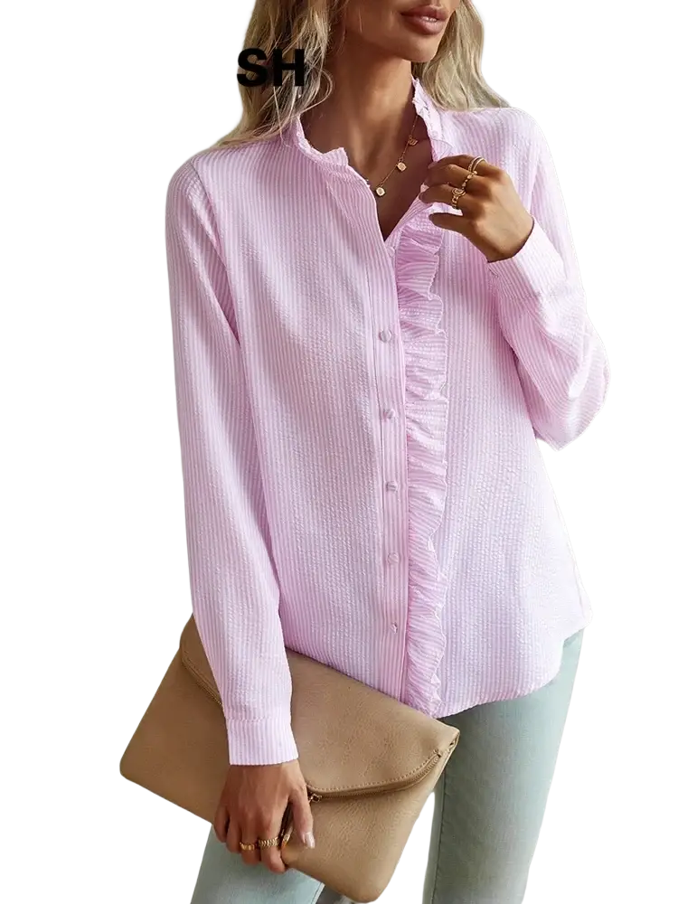 A soft pink long sleeve button up blouse with subtle vertical stripes and a ruffled front panel