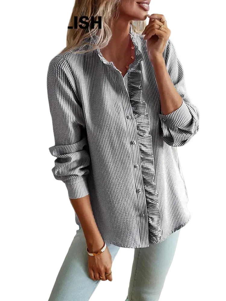 White textured long sleeve ruffled blouse with gray and white vertical stripes and front ruffle detailing on button placket