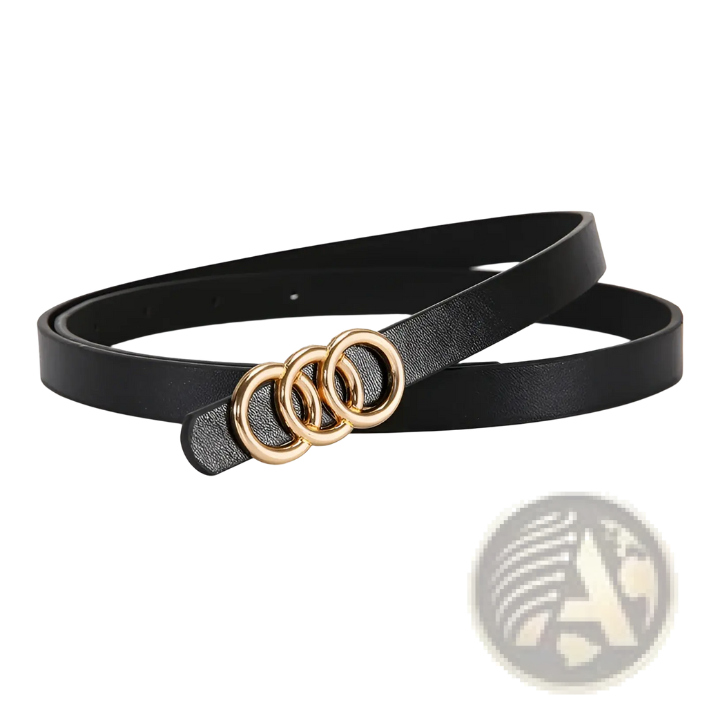 Black leather belt for women with a gold-toned triple-ring buckle featuring a white triple ring design