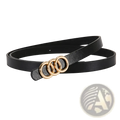 Black leather belt for women with a gold-toned triple-ring buckle featuring a white triple ring design