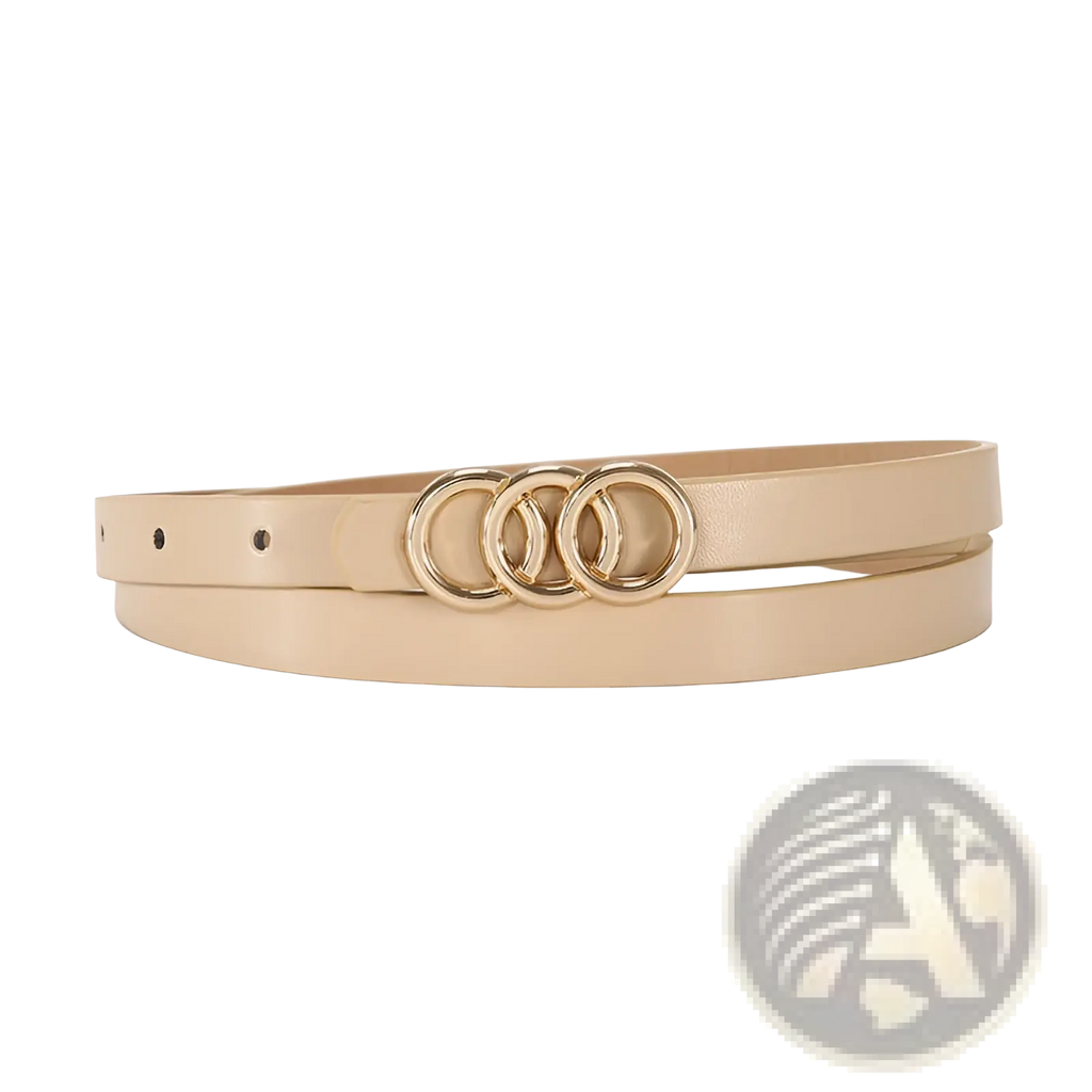 Beige double-layered leather belt for women with a gold-toned triple-ring buckle