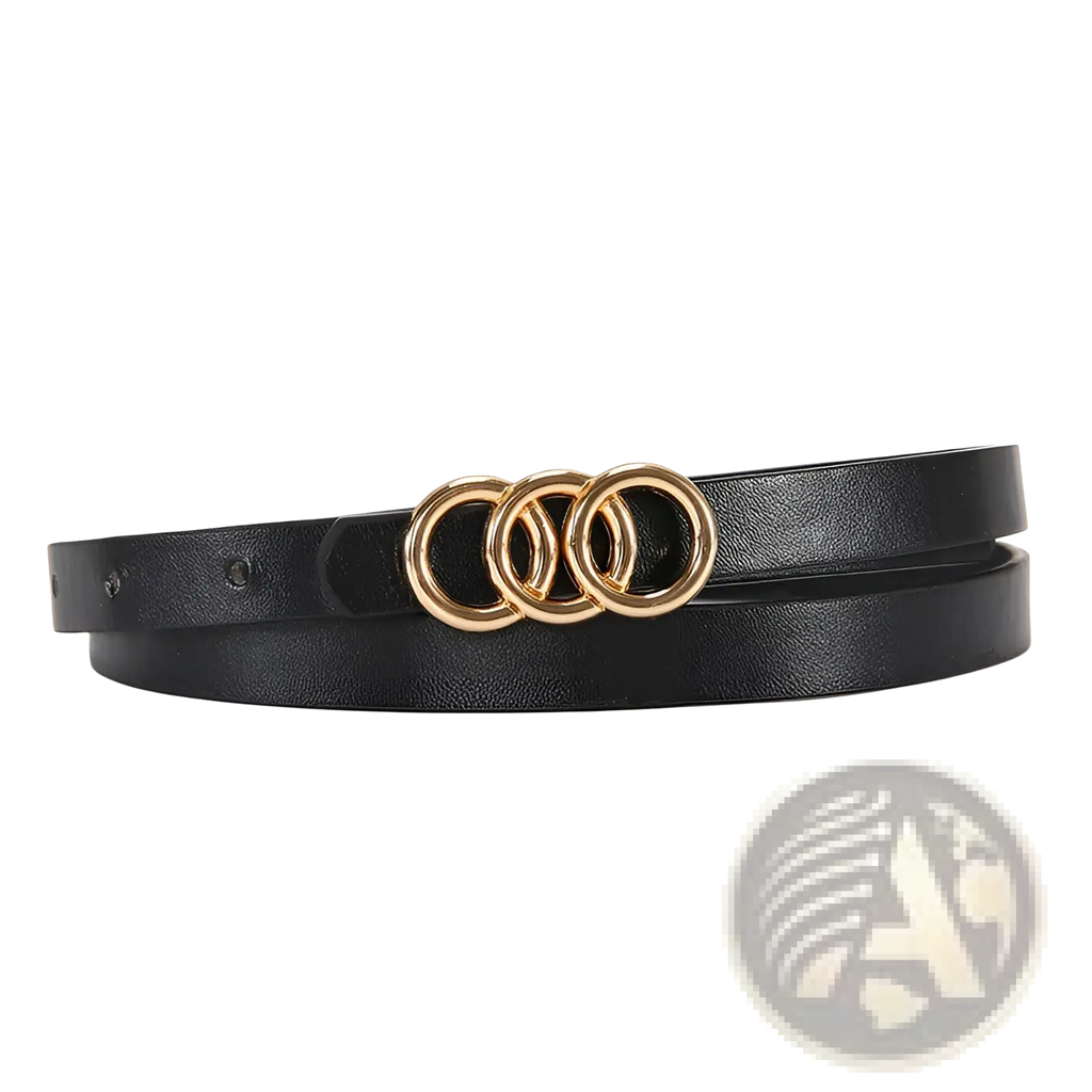 Black leather belt for women with gold-toned triple-ring buckle featuring a white triple ring design