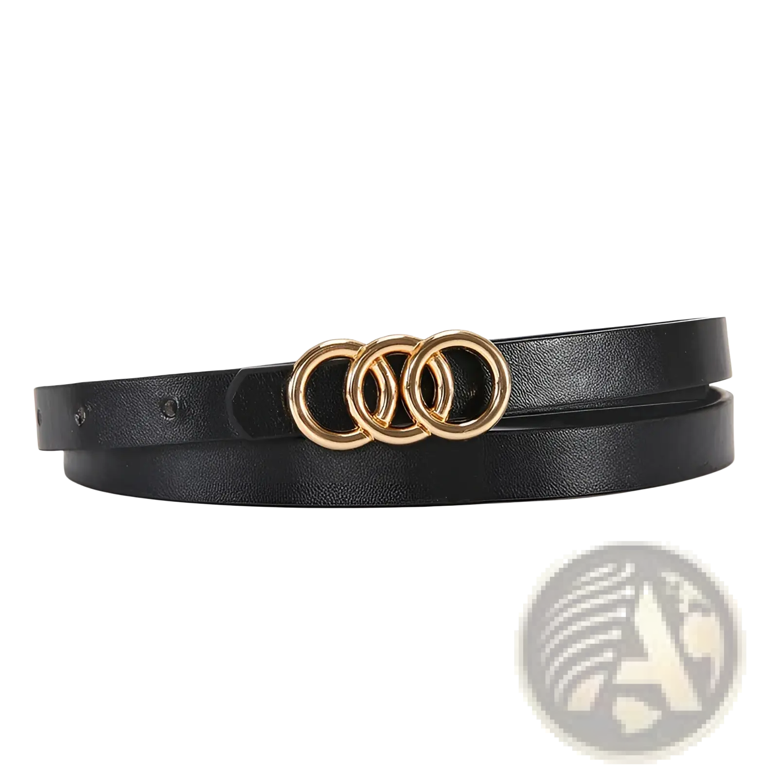 Black leather belt for women with gold-toned triple-ring buckle featuring a white triple ring design