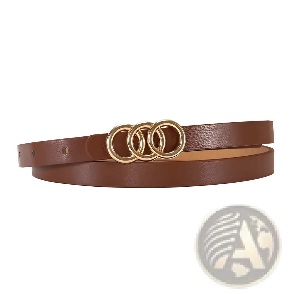 Brown leather belt for women featuring a gold-toned triple-ring buckle from the white triple ring leather belt collection