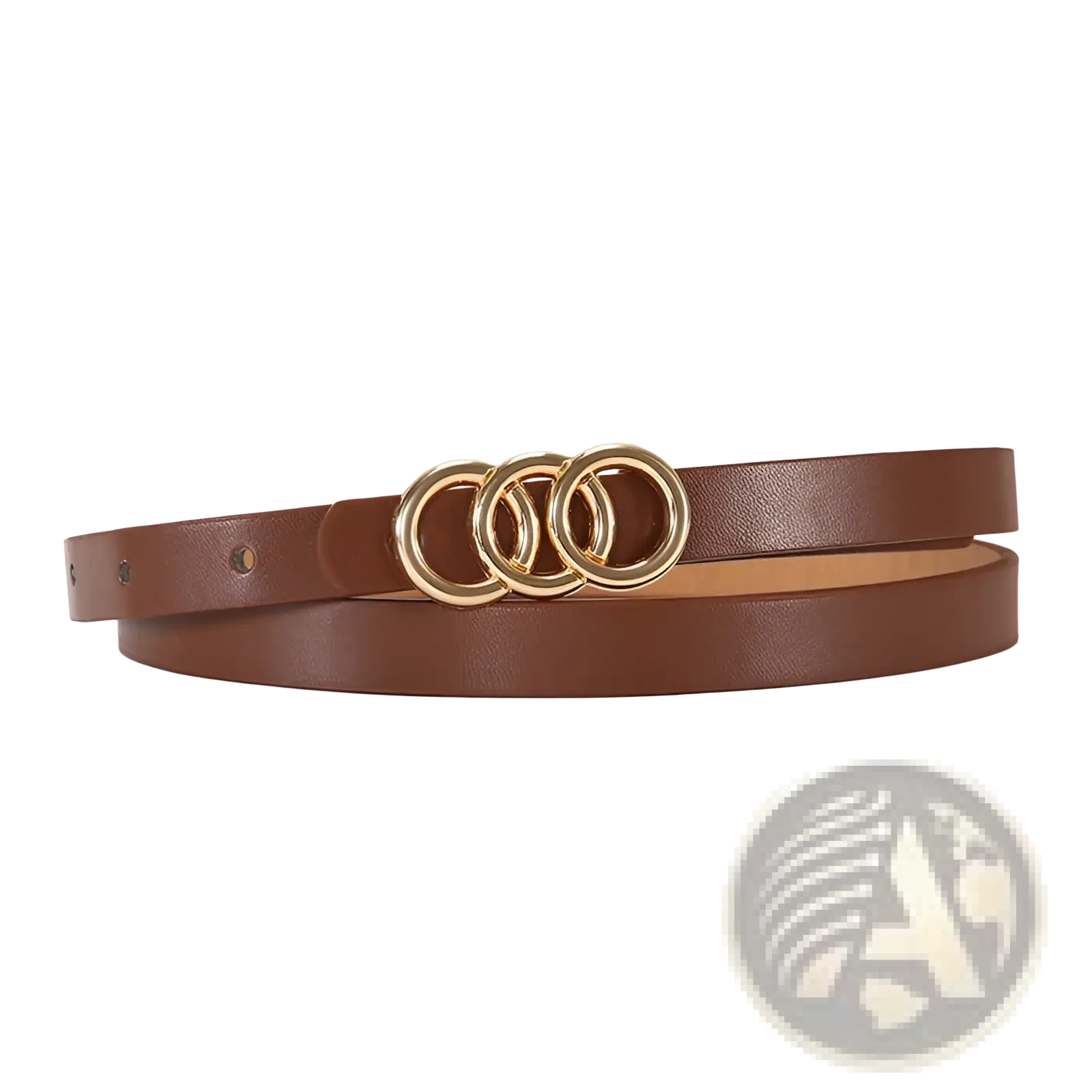 Brown leather belt for women featuring a gold-toned triple-ring buckle from the white triple ring leather belt collection