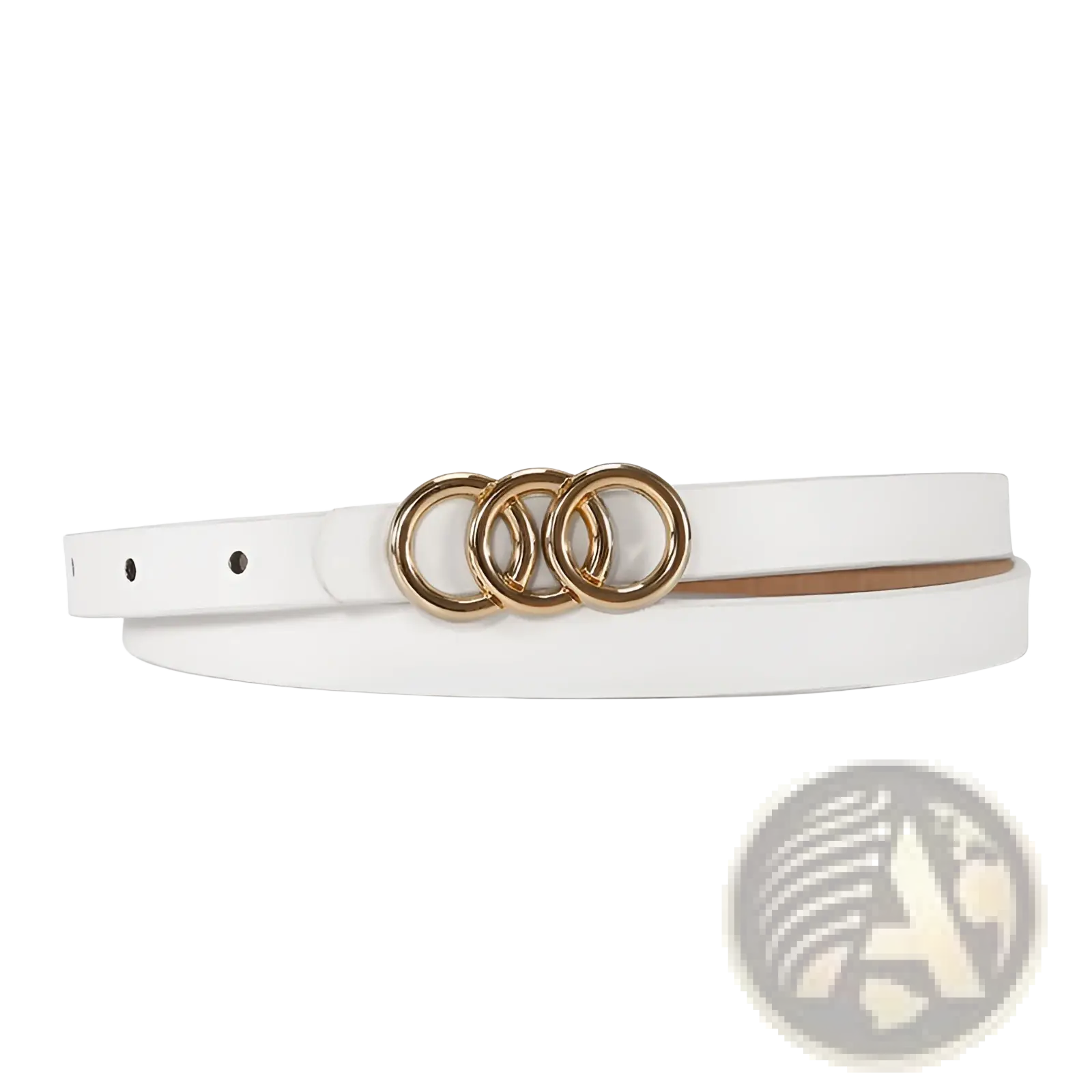 White triple ring leather belt for women featuring a gold-toned buckle and smooth white leather material