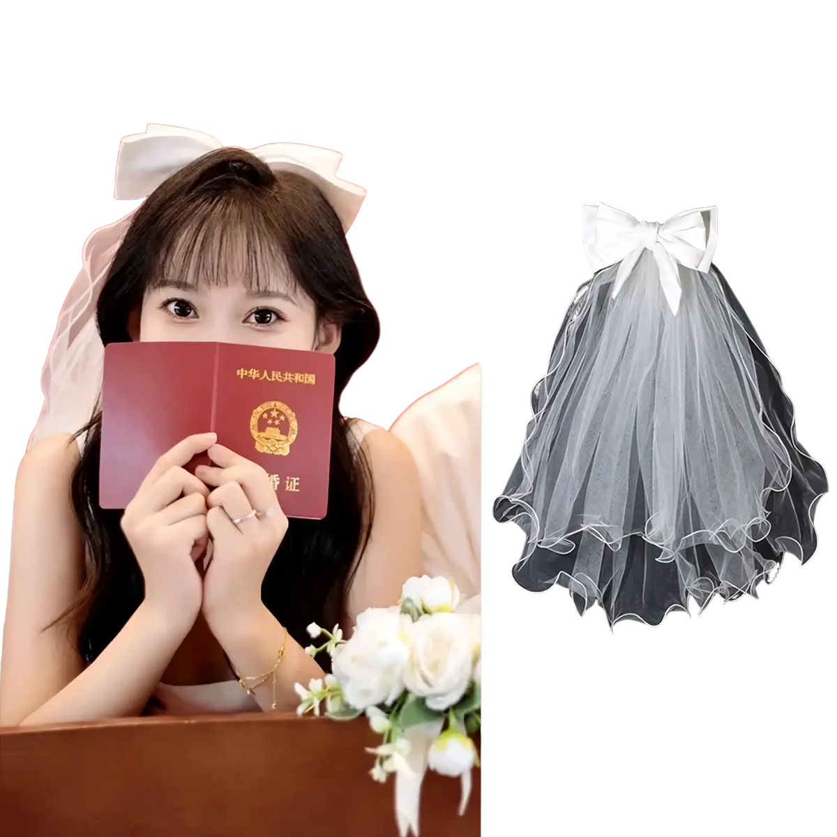 White tulle bow bridal veil with a matching bow at the top made of delicate white tulle material