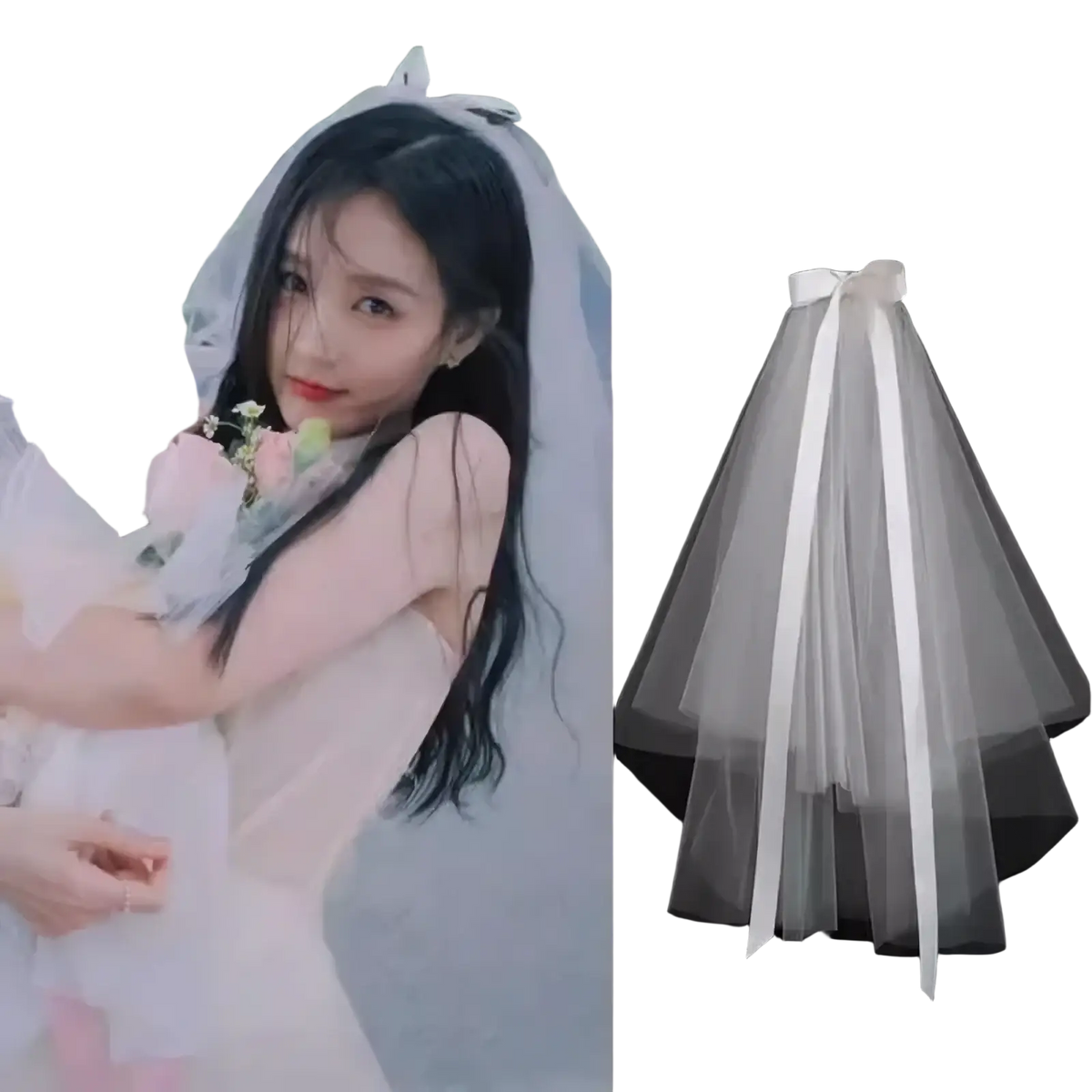 White tulle bow bridal veil featuring a satin ribbon bow and silver hair clip attachment for weddings