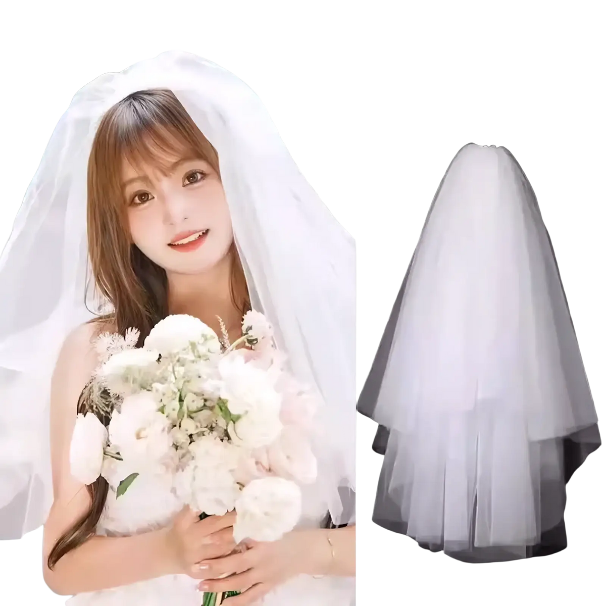White tulle bow bridal veil with comb-style attachment made of delicate white tulle for wedding use