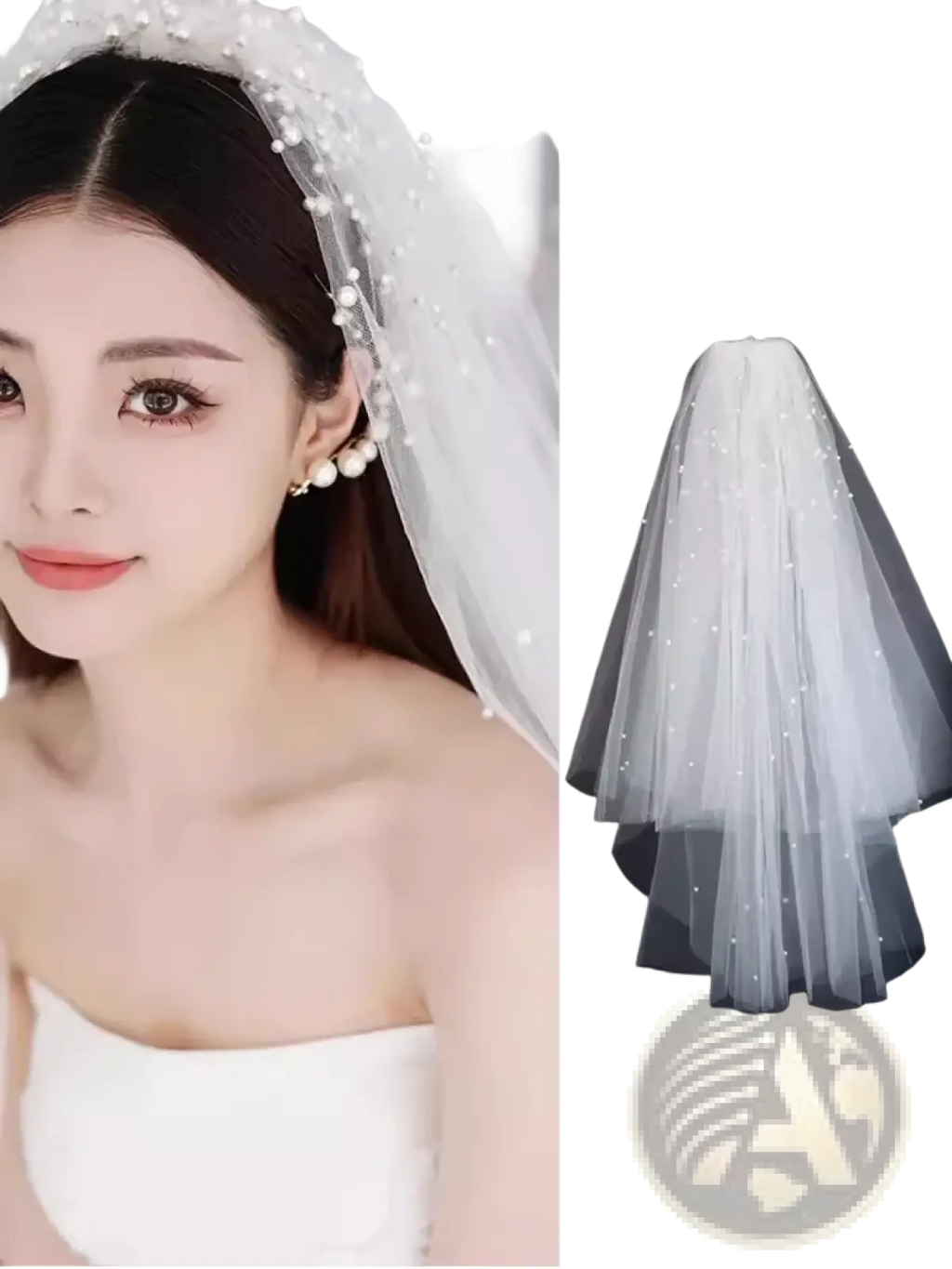 White tulle bow bridal veil featuring layered design with delicate pearl embellishments by shalishawai