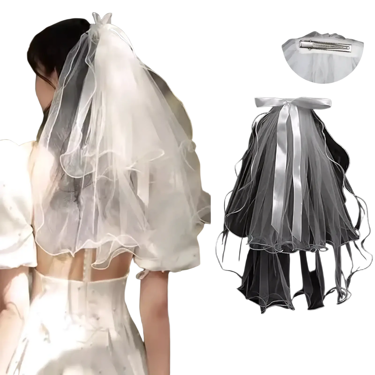 White tulle bow bridal veil featuring delicate white tulle with satin ribbon bow and hairpin-style clasp