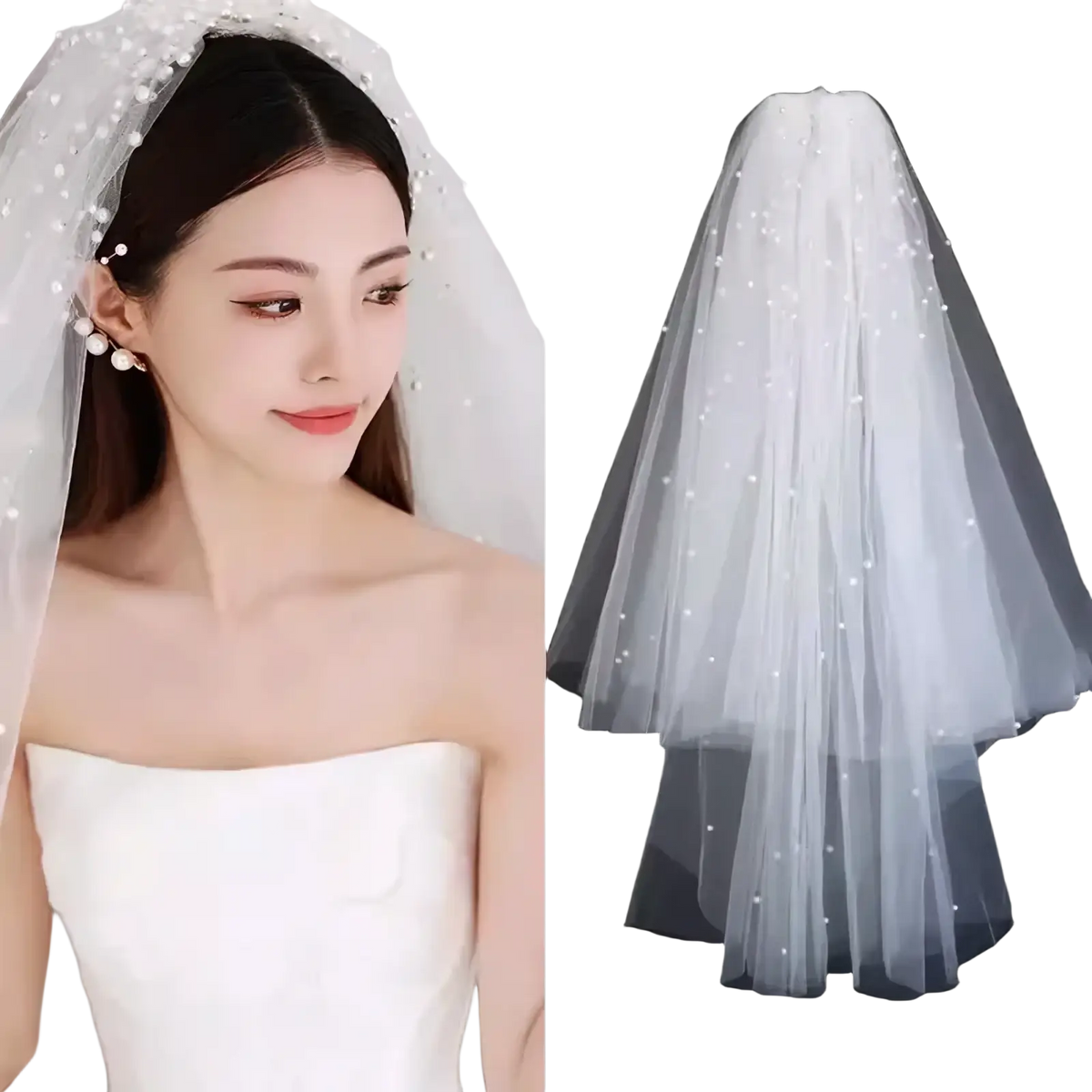 White tulle bow bridal veil made of delicate white tulle with scattered pearl-like bead embellishments