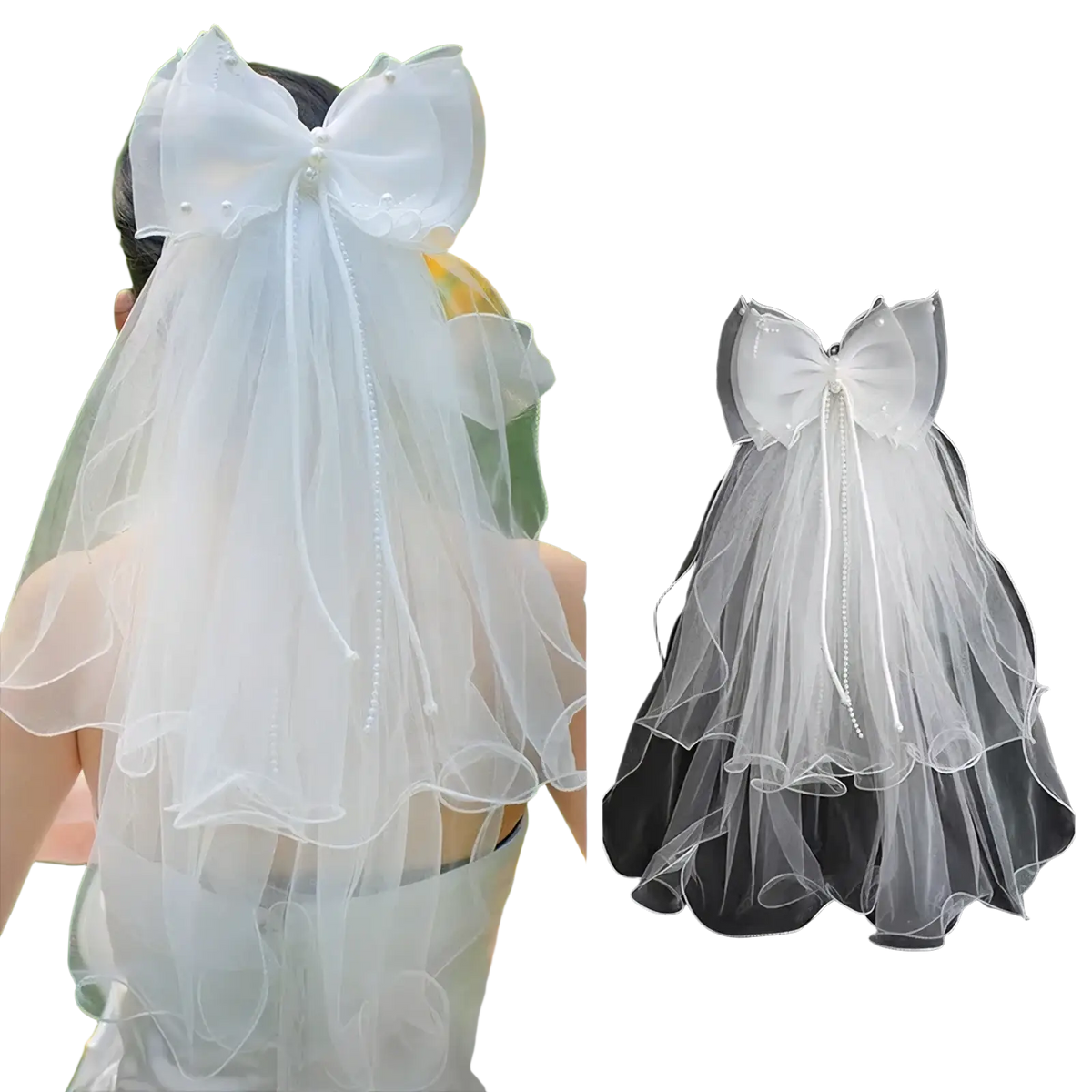 White tulle bow bridal veil hair clip with delicate pearl embellishments and a beaded strand for a bridal look