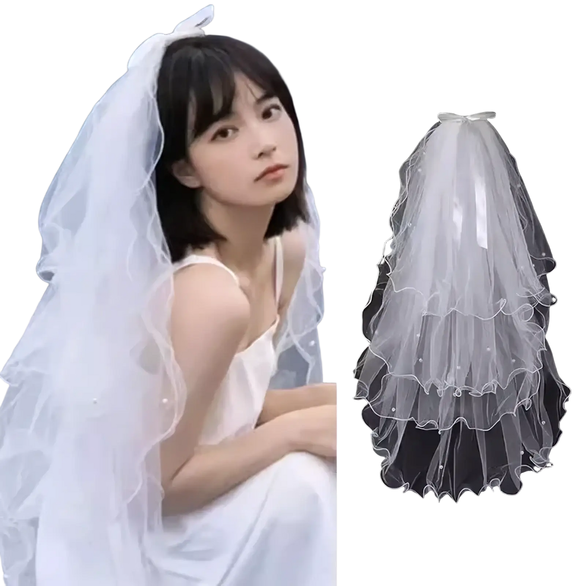 White tulle bow bridal veil with delicate multi-layered design and subtle pearl embellishments on ruffled edges