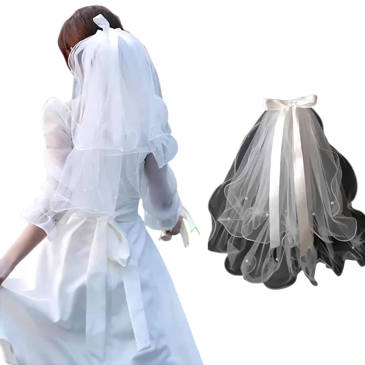 White tulle bow bridal veil featuring delicate multi-layered tulle with satin ribbon bow and pearl accents