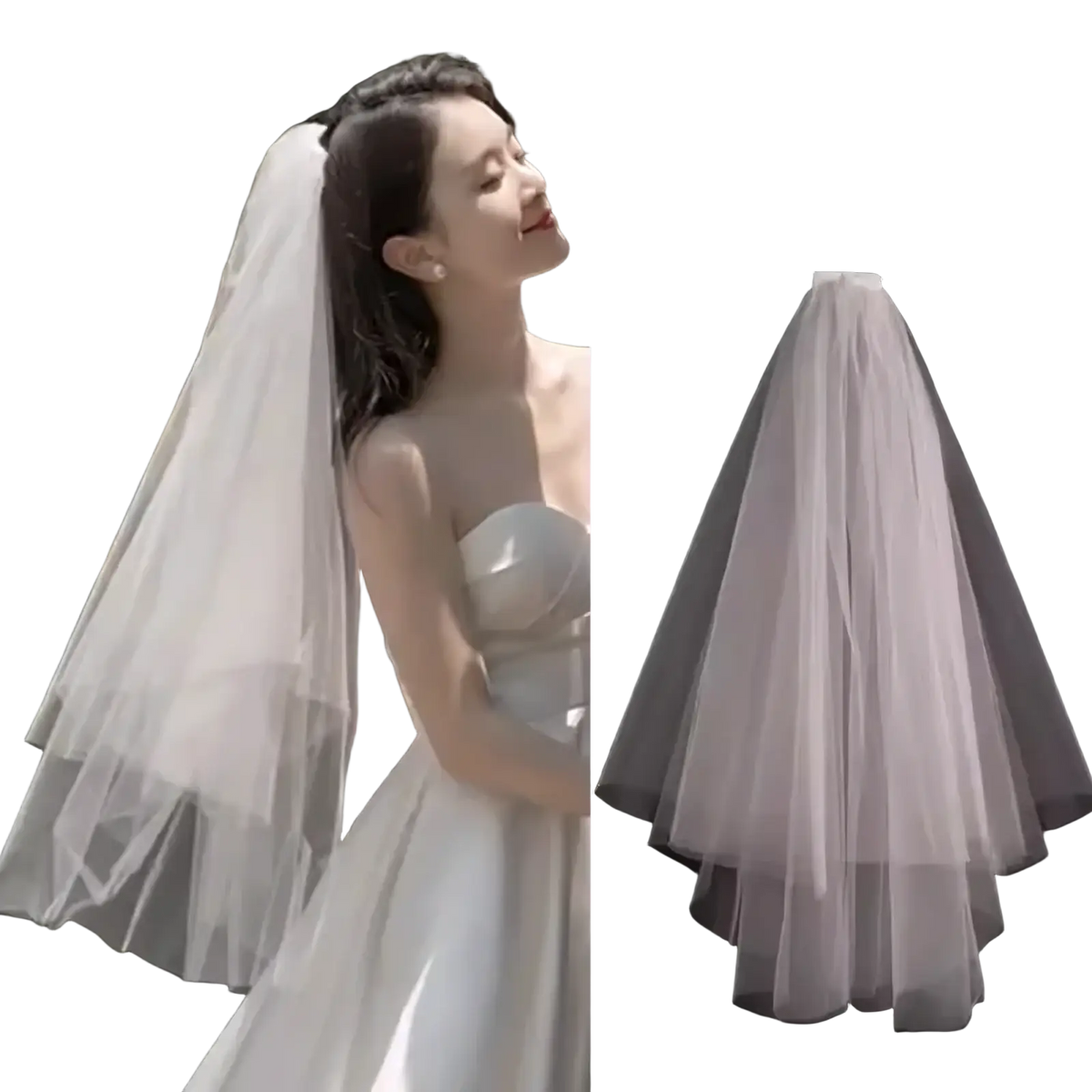 White tulle bow bridal veil with delicate multi-layered white tulle and silver comb-style hairpin for secure attachment