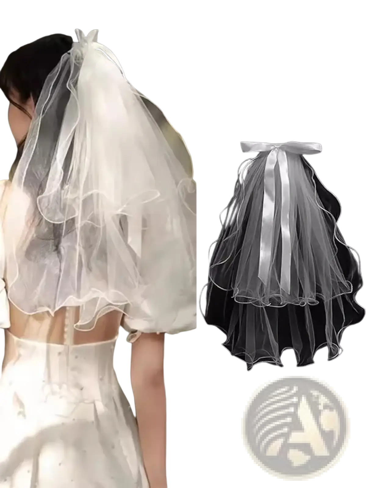 White tulle bow bridal veil with delicate satin ribbon bow, layered ruffles, and elegant sheer design