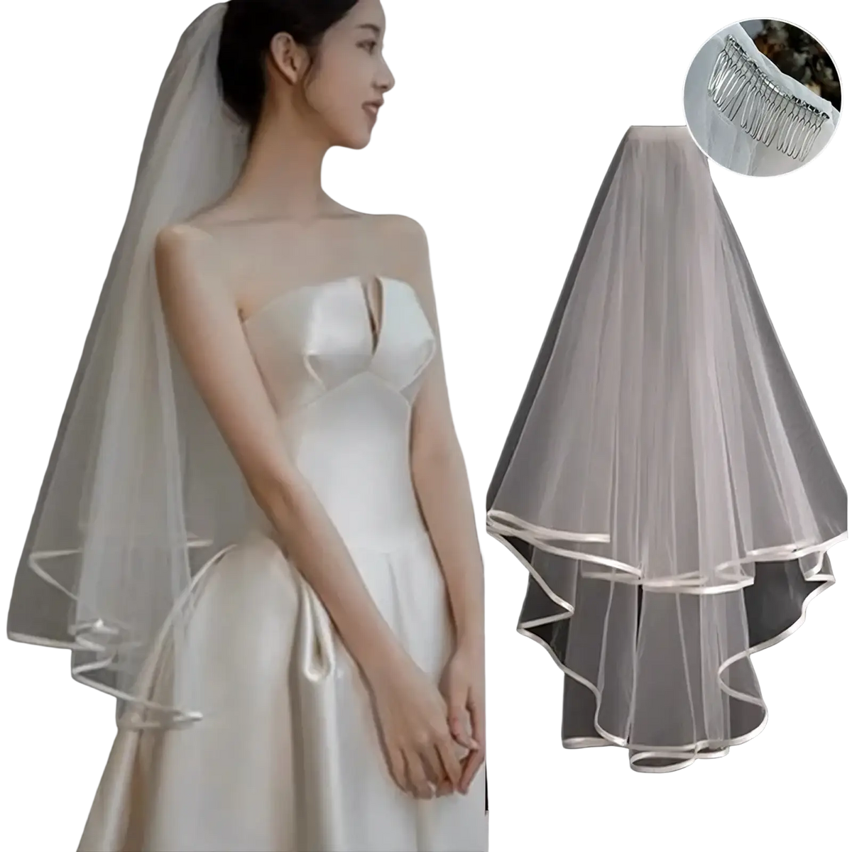 White tulle bow bridal veil featuring a delicate two-tiered white tulle with satin ribbon trim and silver comb attachment