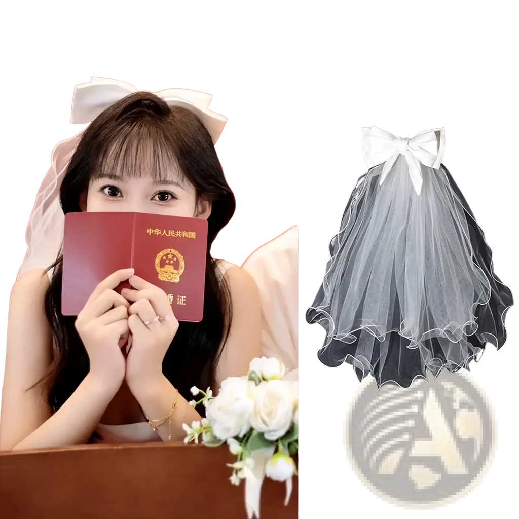White tulle bow bridal veil with a matching bow at the top made of delicate white tulle material