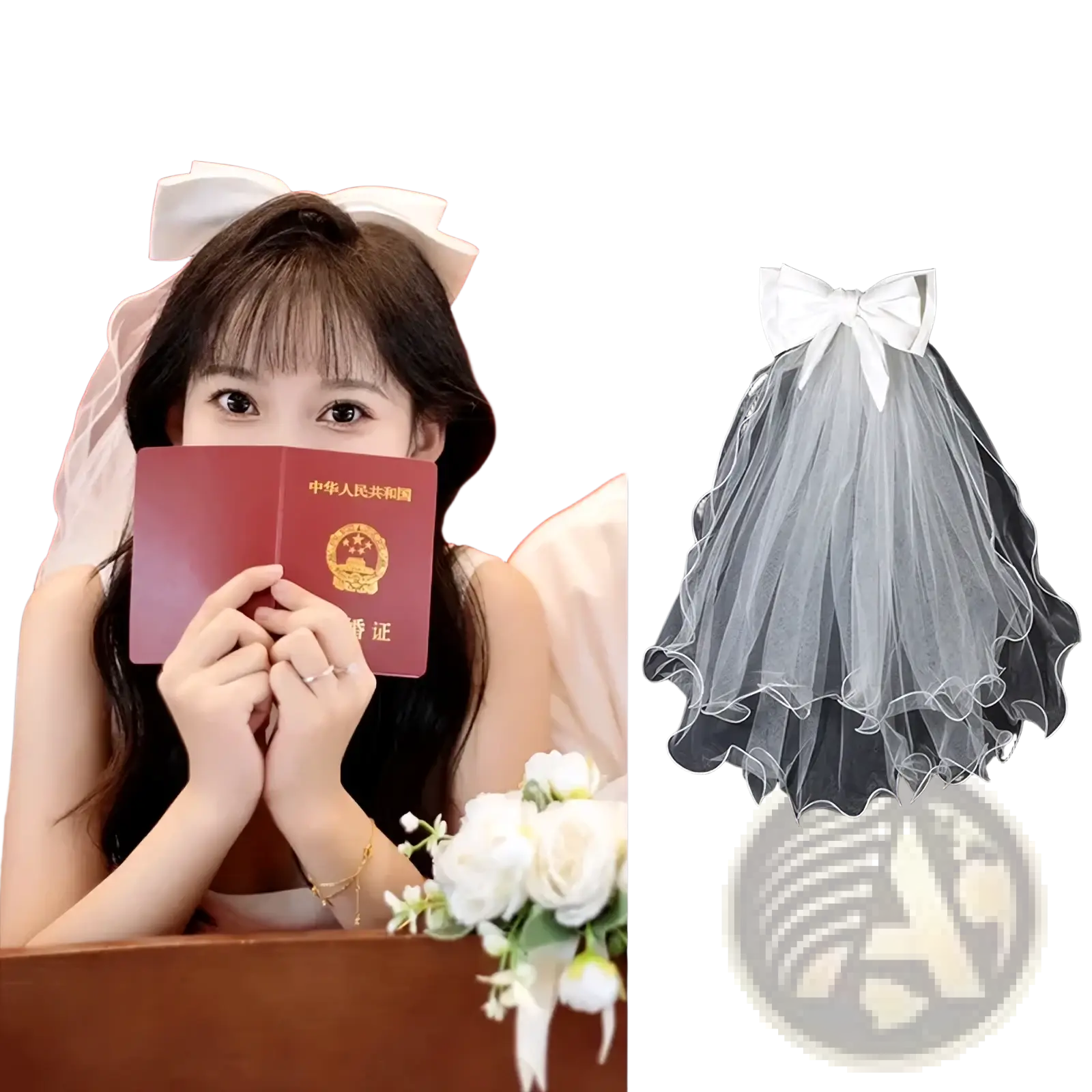 White tulle bow bridal veil with a matching bow at the top made of delicate white tulle material