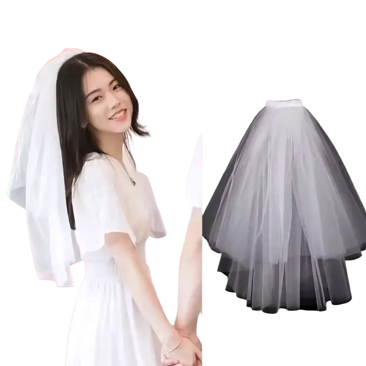 White tulle bow bridal veil featuring a white tulle skirt with a hairpin style clip attachment