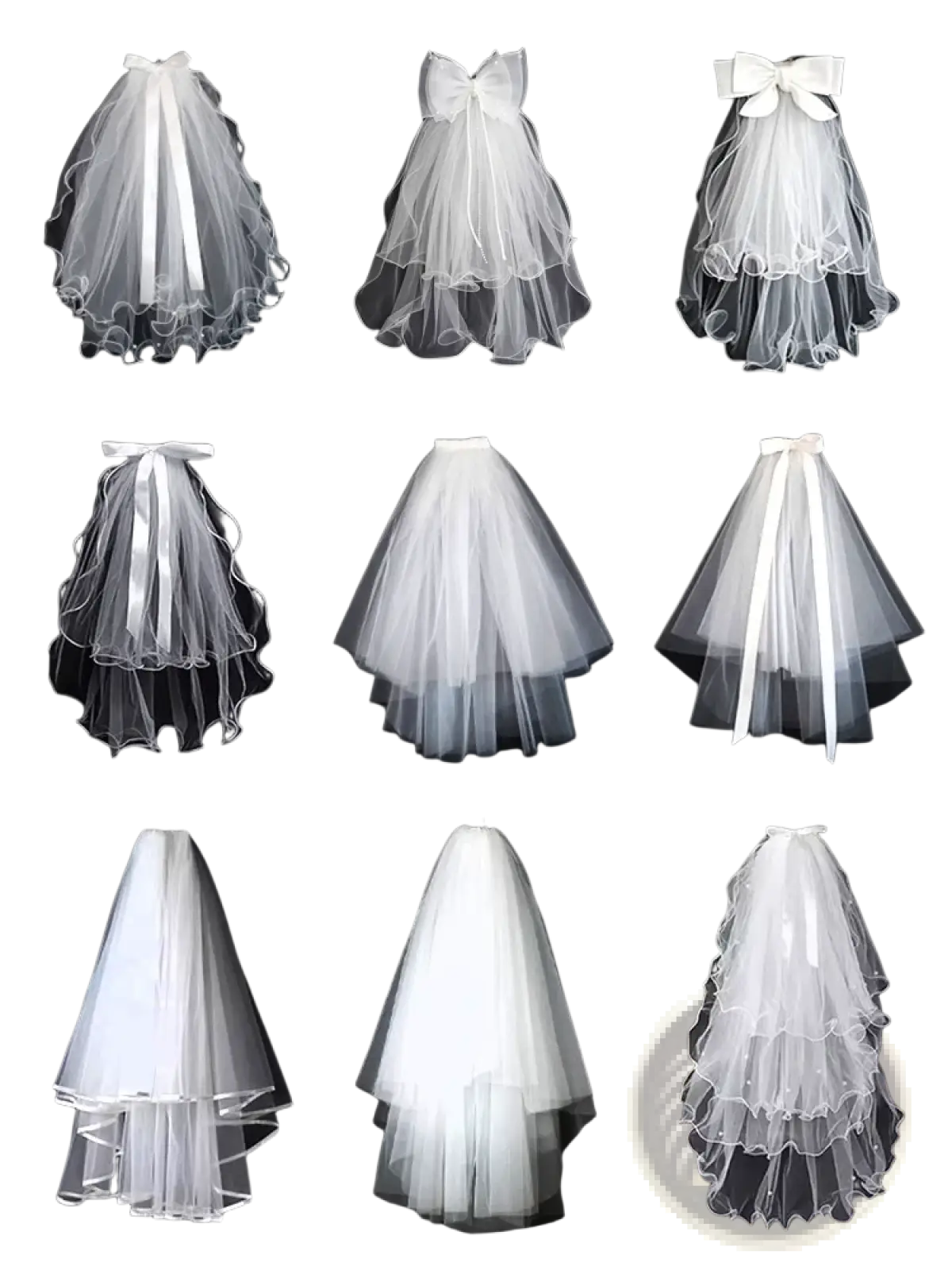 White tulle bow bridal veil featuring satin bows and layered ruffles in white tulle fabric for weddings