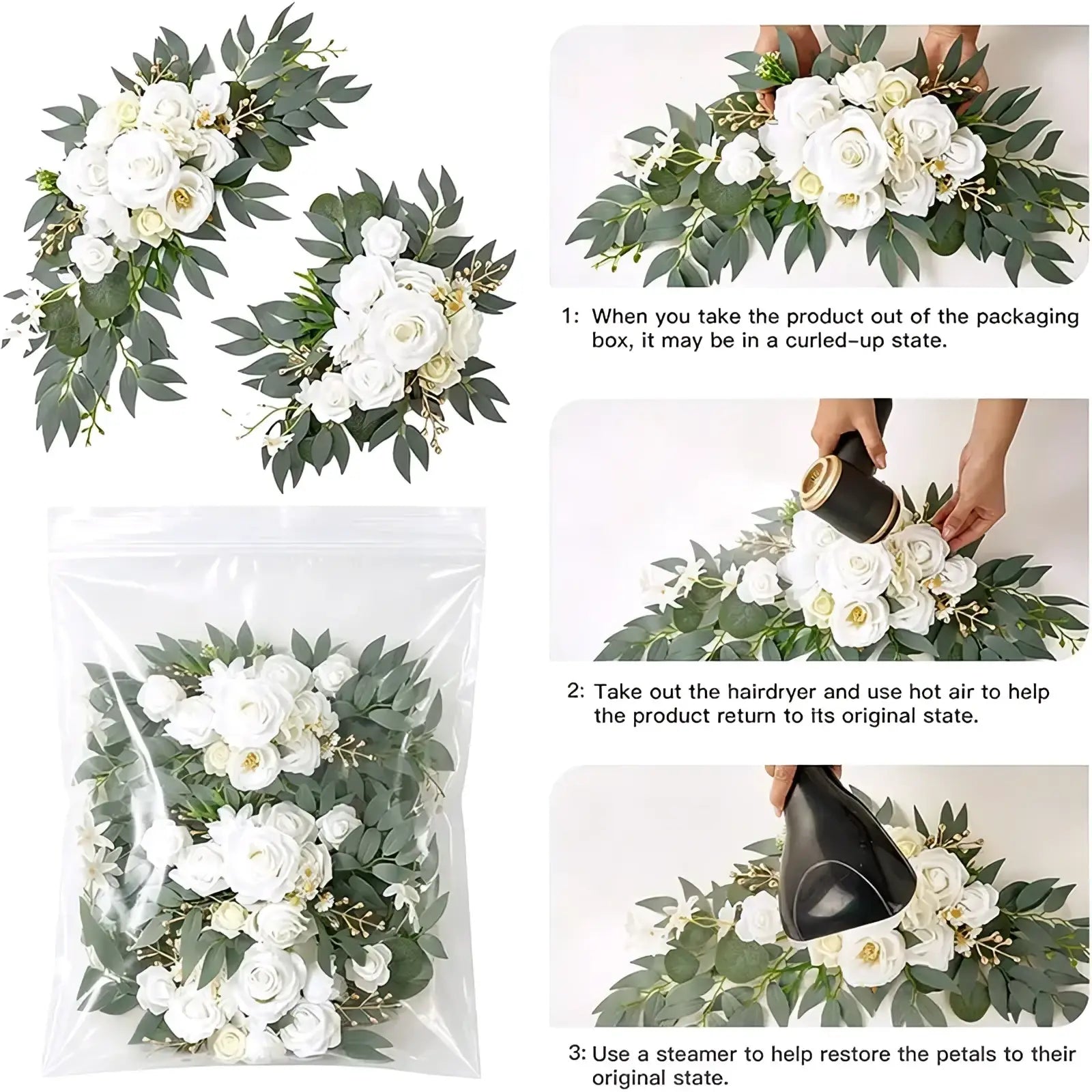 White wedding arch faux flowers set with white and cream artificial floral arrangements and green foliage for decor