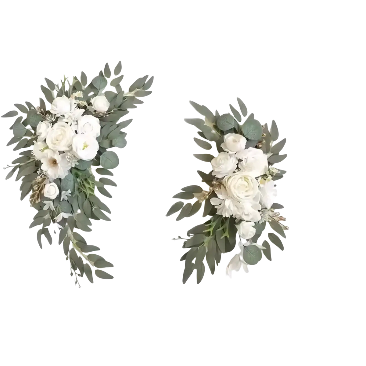 Elegant white wedding arch faux flowers set featuring artificial white roses and green eucalyptus leaves wreath