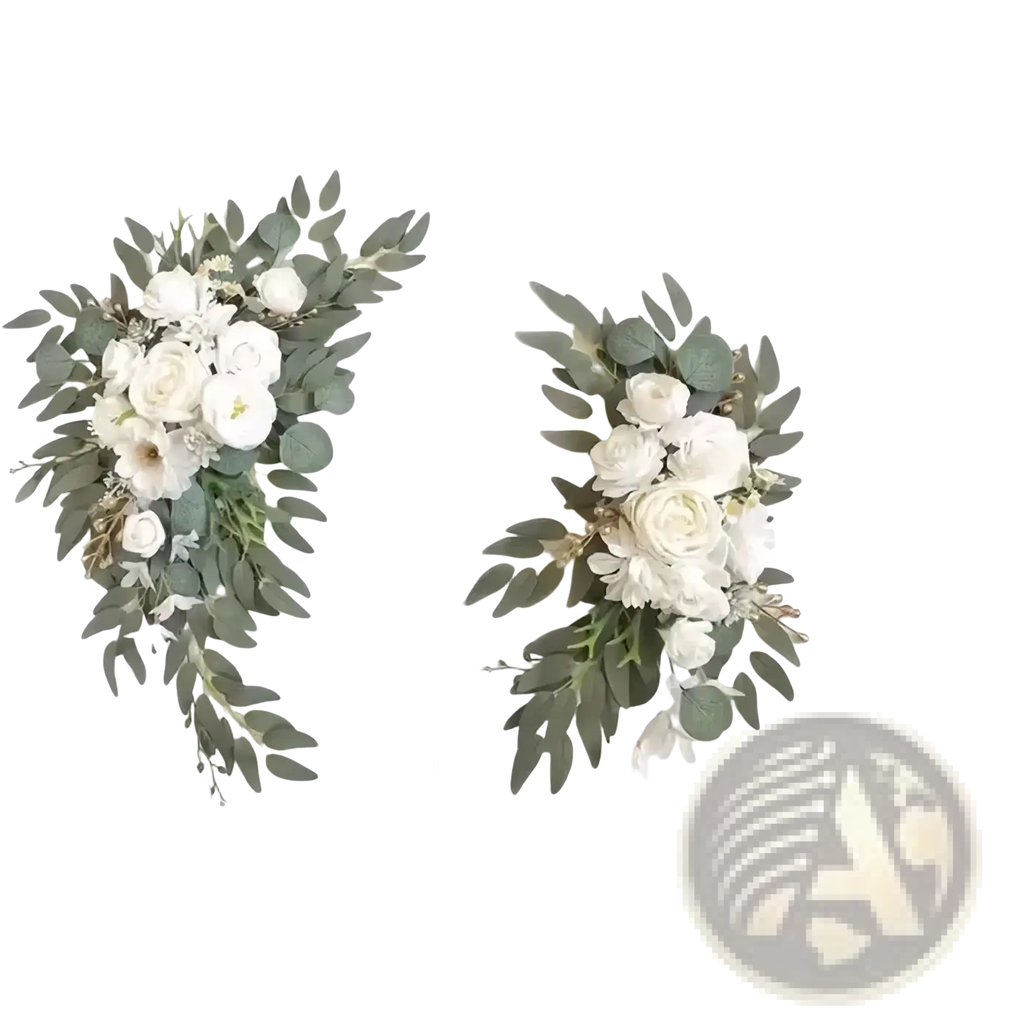 Elegant white wedding arch faux flowers set featuring artificial white roses and green eucalyptus leaves wreath