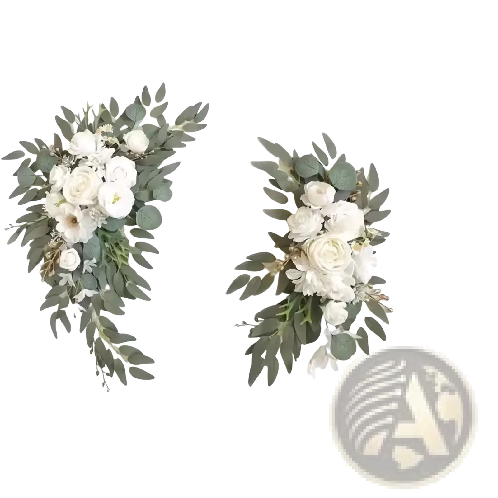 Elegant white wedding arch faux flowers set featuring artificial white roses and green eucalyptus leaves wreath