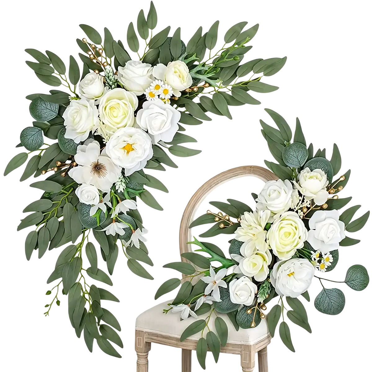 Elegant white wedding arch faux flowers set with cream artificial floral wreaths featuring eucalyptus leaves daisies and roses