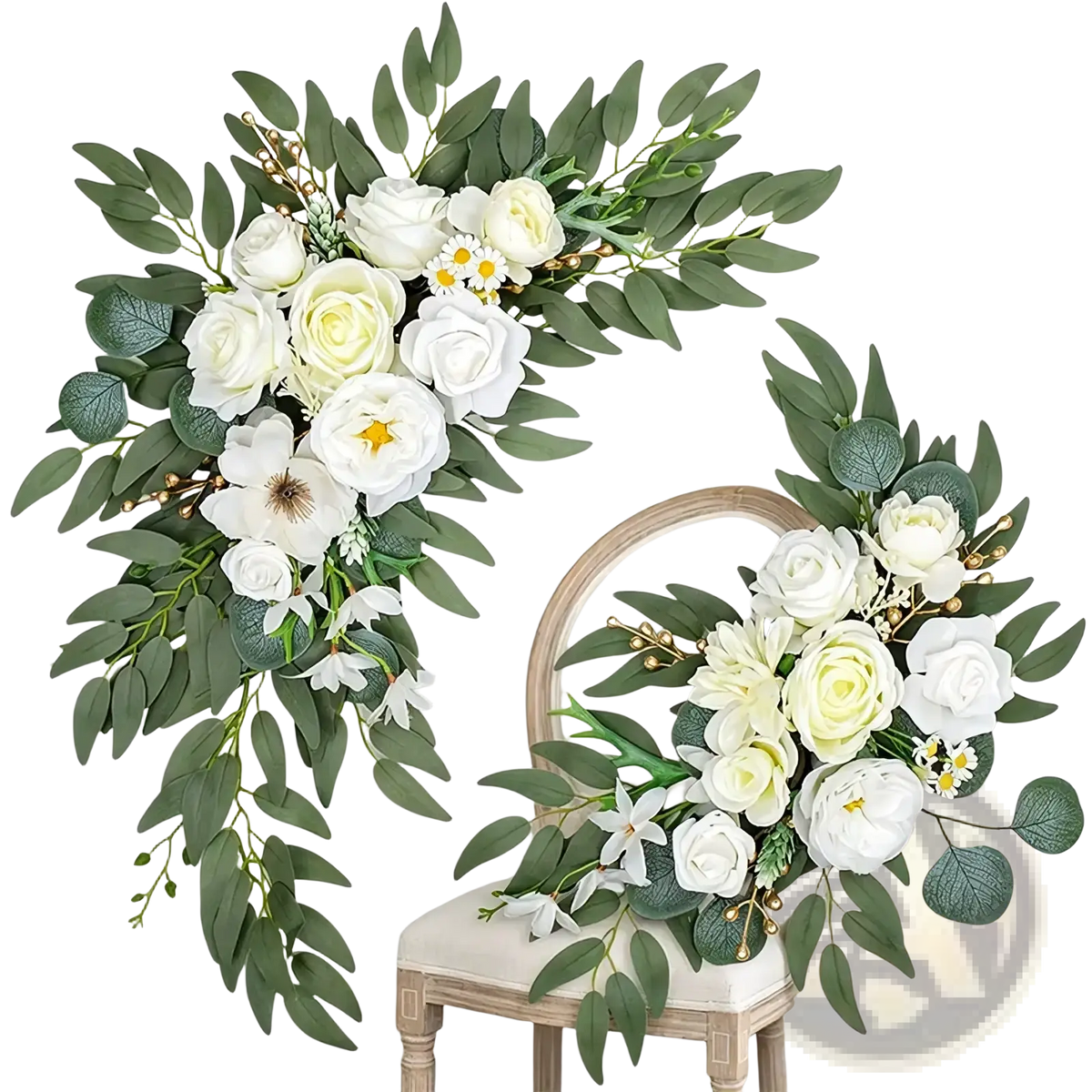 Elegant white wedding arch faux flowers set with cream artificial floral wreaths featuring eucalyptus leaves daisies and roses