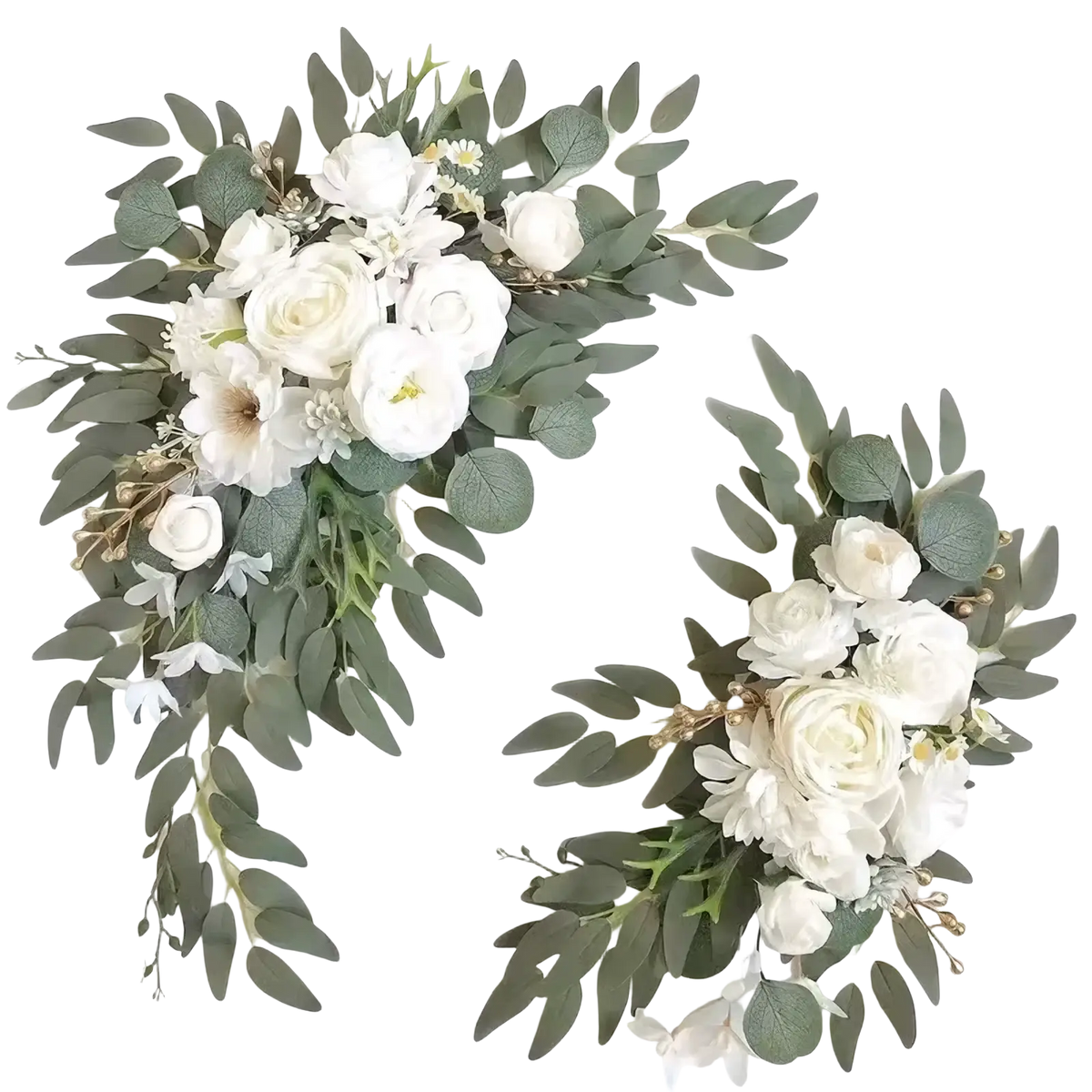 Elegant white wedding arch faux flowers set featuring artificial roses eucalyptus leaves and delicate filler blooms