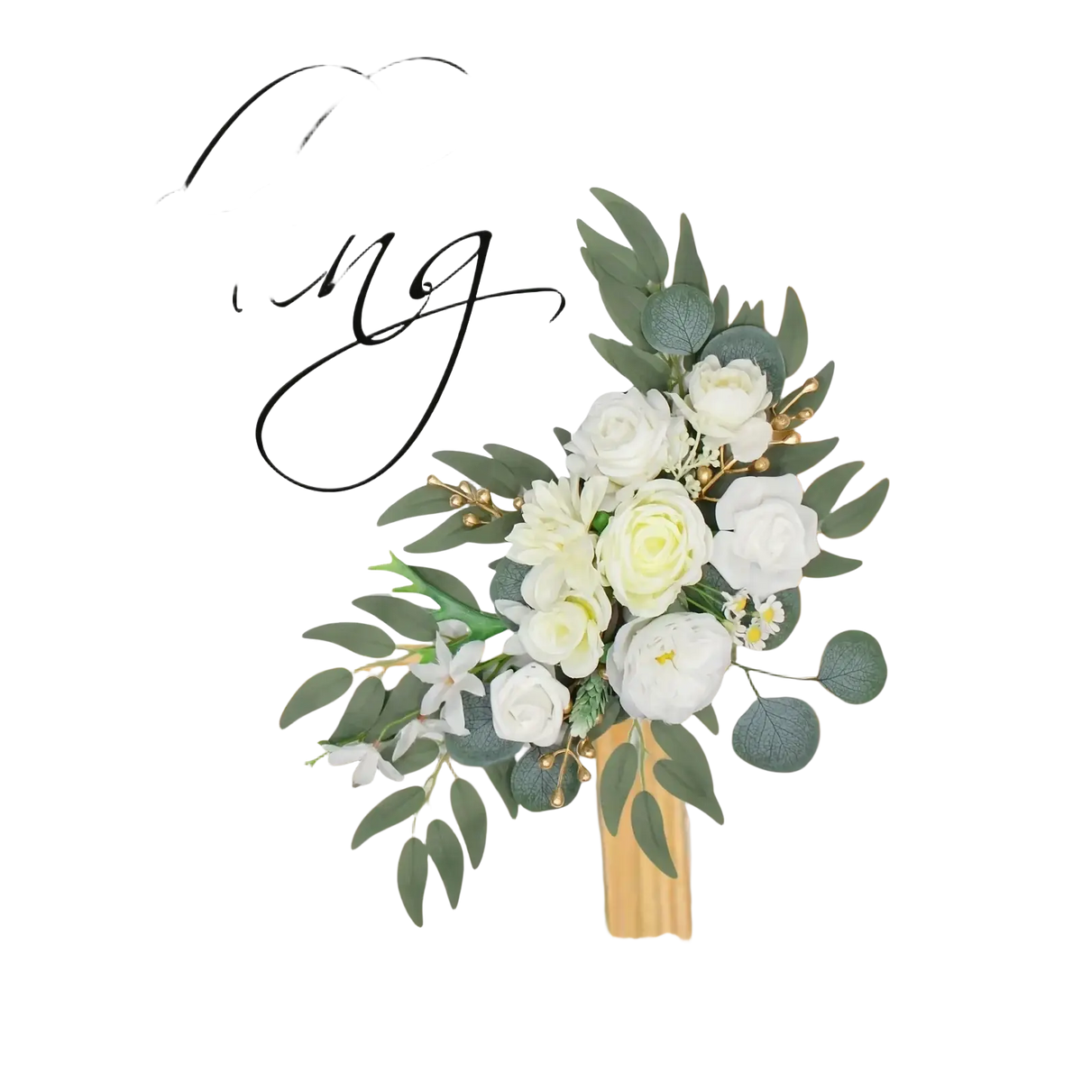 Elegant white wedding arch faux flowers set featuring artificial white roses green eucalyptus leaves and gold accents