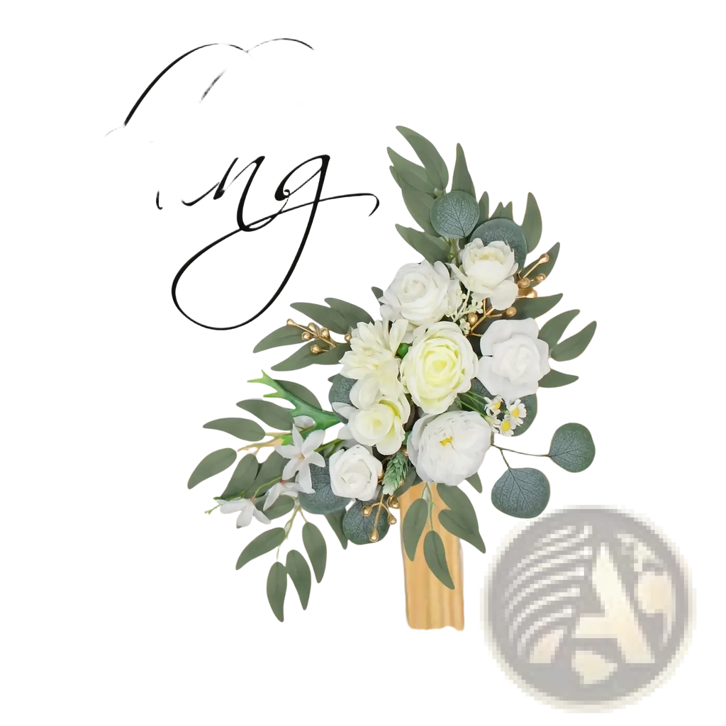 Elegant white wedding arch faux flowers set featuring artificial white roses green eucalyptus leaves and gold accents