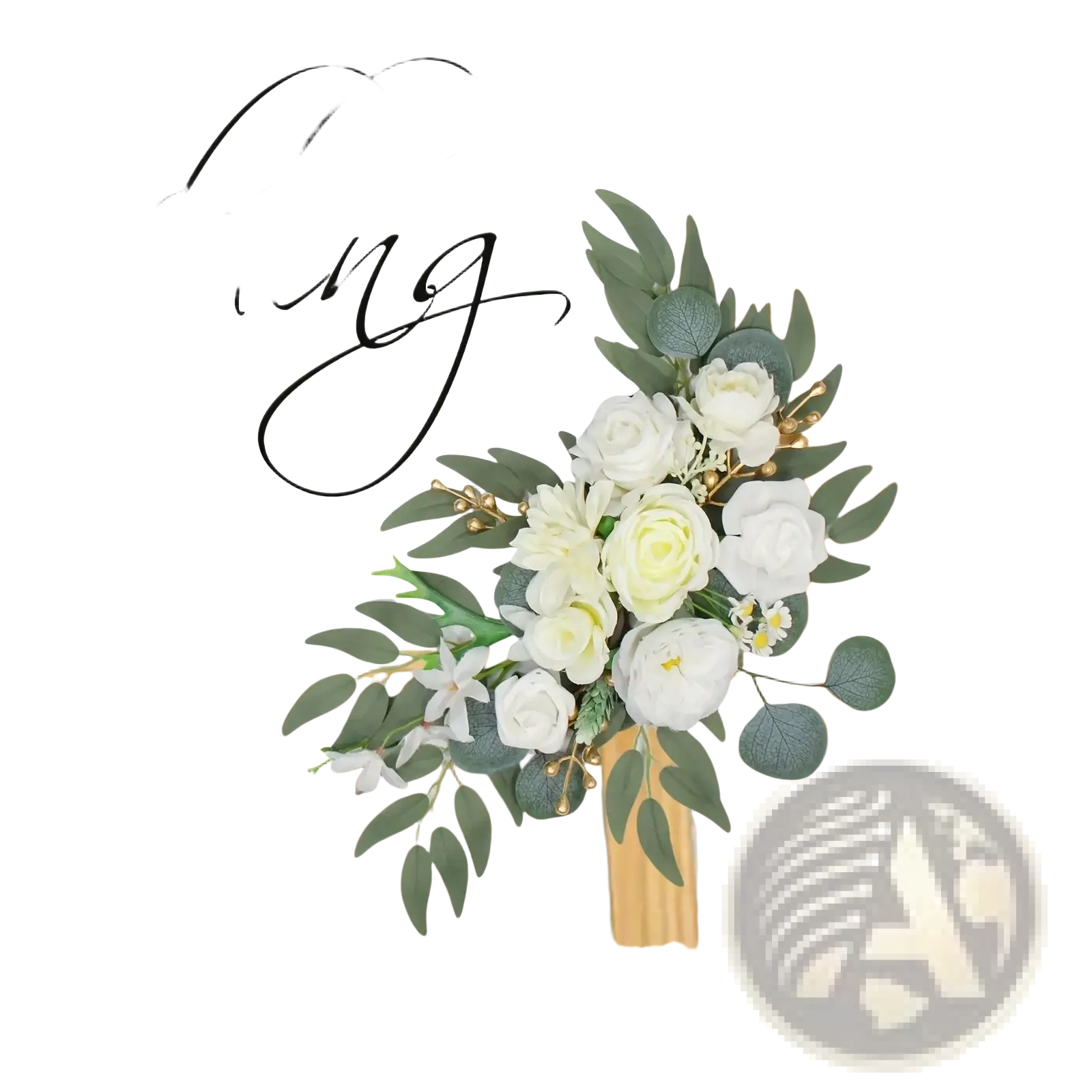 Elegant white wedding arch faux flowers set featuring artificial white roses green eucalyptus leaves and gold accents