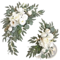Elegant white wedding arch faux flowers set featuring artificial roses eucalyptus leaves and delicate filler blooms