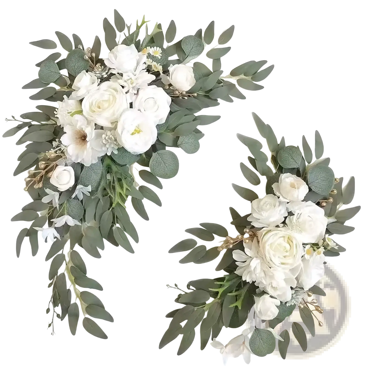 Elegant white wedding arch faux flowers set featuring artificial roses eucalyptus leaves and delicate filler blooms