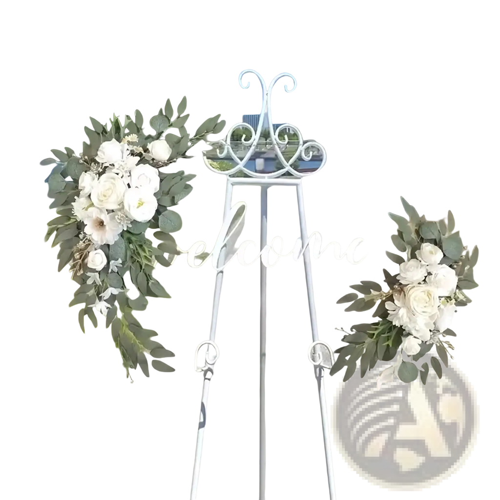 White metal welcome easel with cascading artificial white roses and greenery for wedding arch faux flowers set