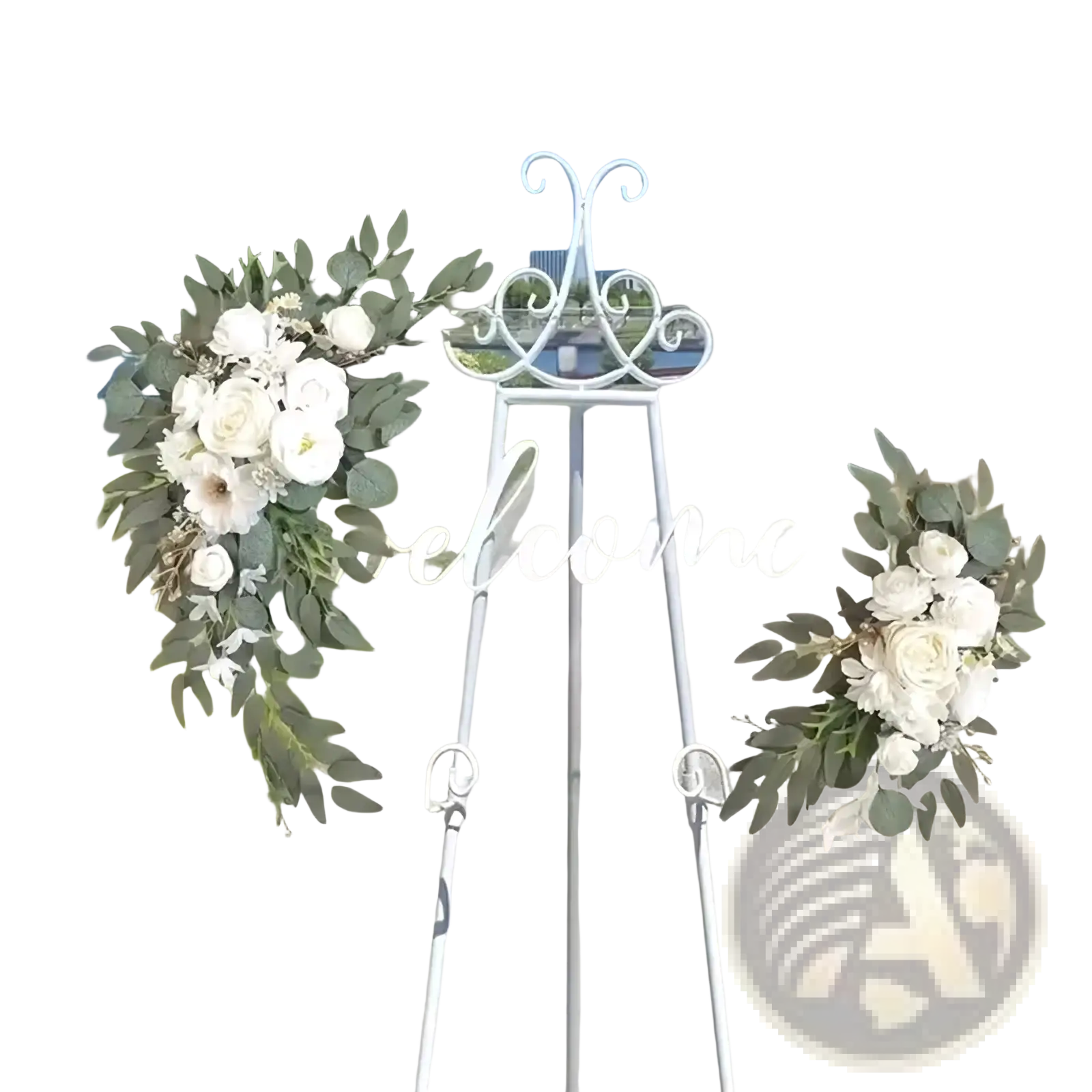 White metal welcome easel with cascading artificial white roses and greenery for wedding arch faux flowers set