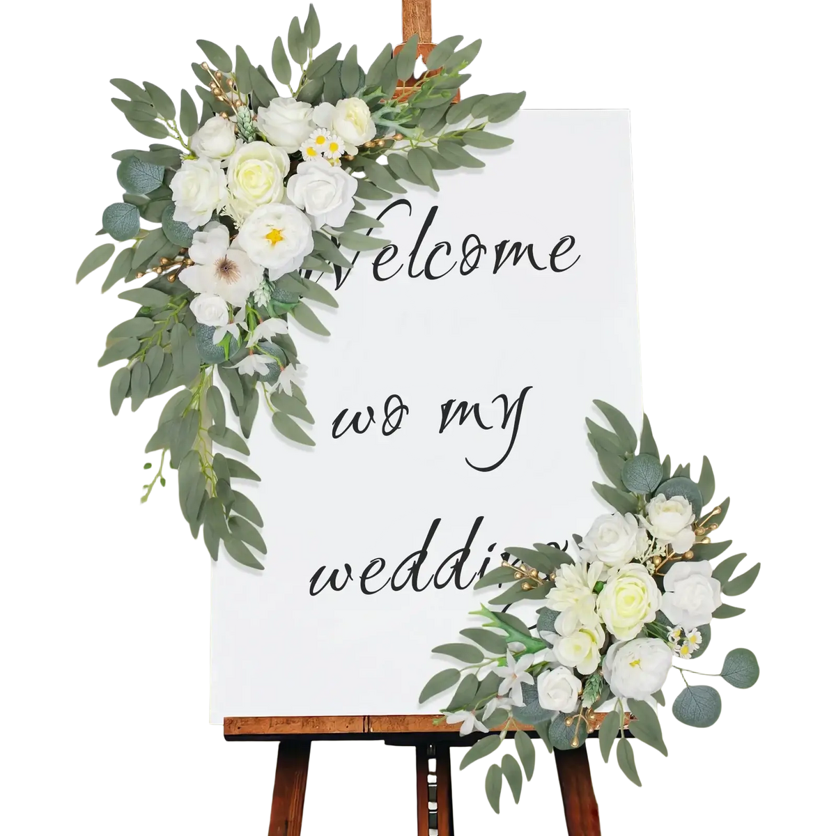 A white wedding arch sign with artificial greenery and white flowers for welcome to my wedding decor